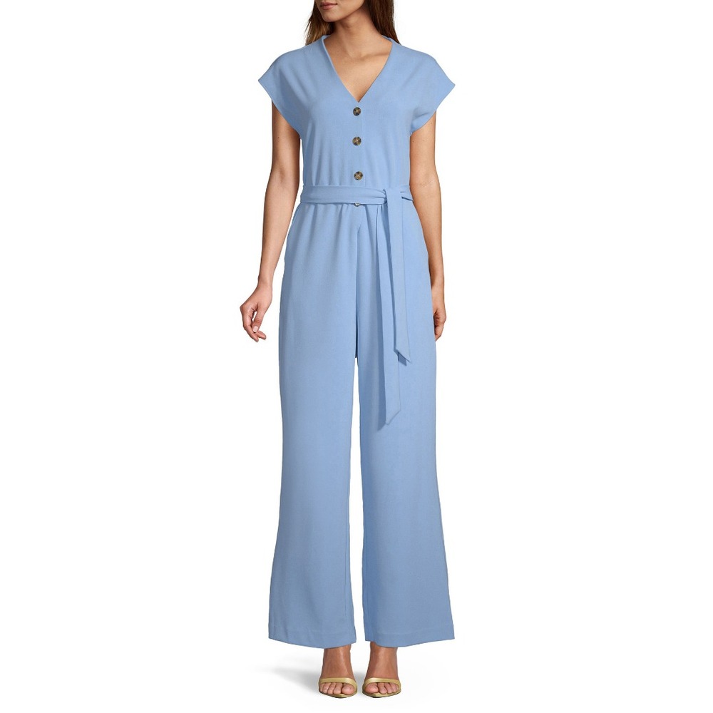 New Worthington Size 8 V Neck Short Sleeve Blue Belted Jumpsuit Pant Suit